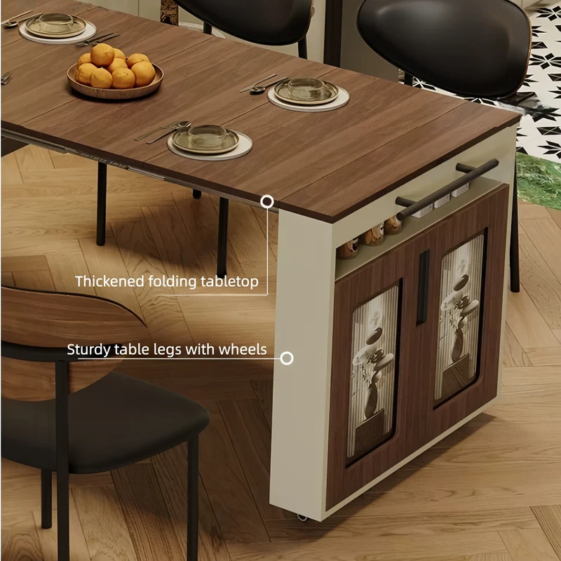 Îlot de cuisine extensible avec plan de travail coulissant et placard de rangement dissimulé