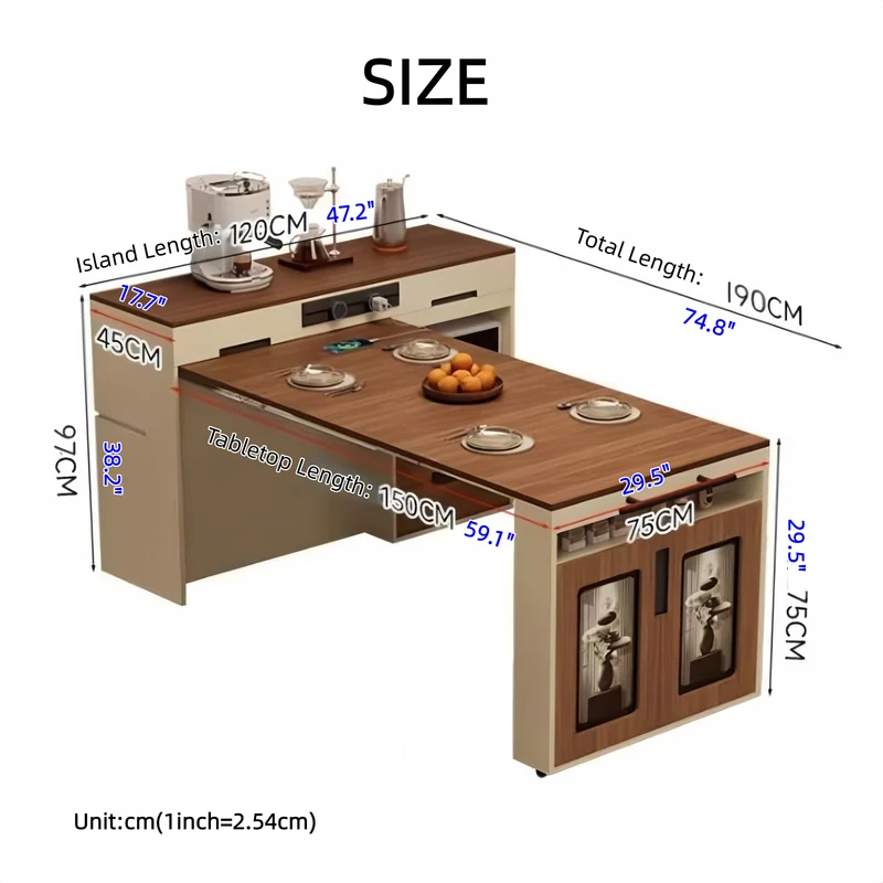 Îlot de cuisine extensible avec plan de travail coulissant et placard de rangement dissimulé