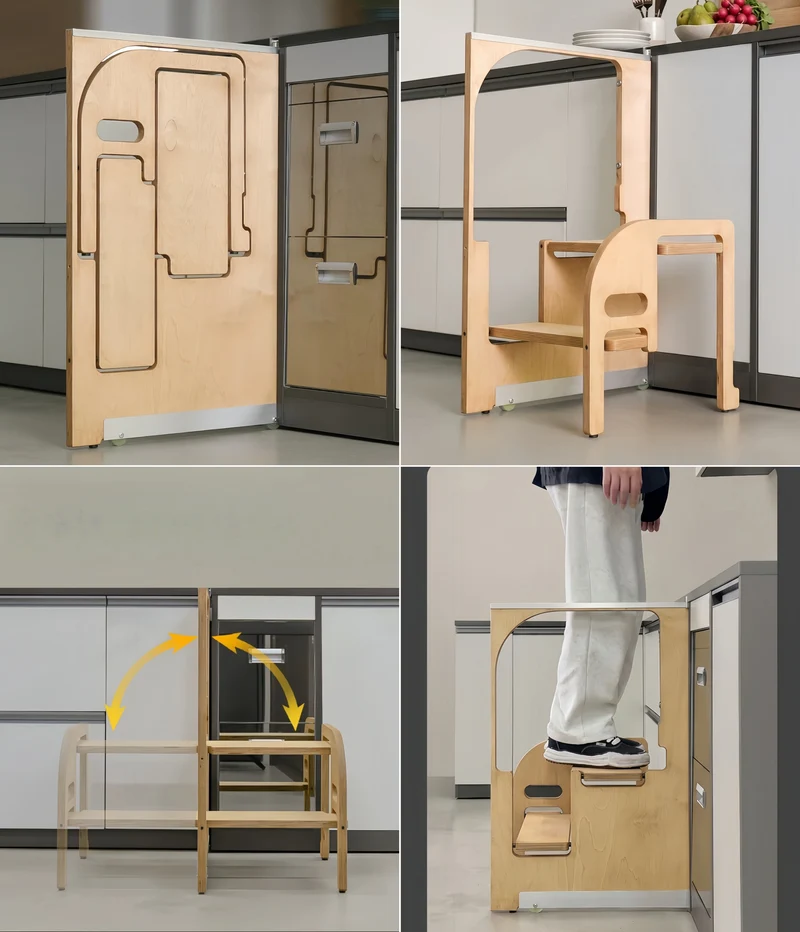Tabouret pliant ultra-mince en contreplaqué marine avec marchepied dissimulé