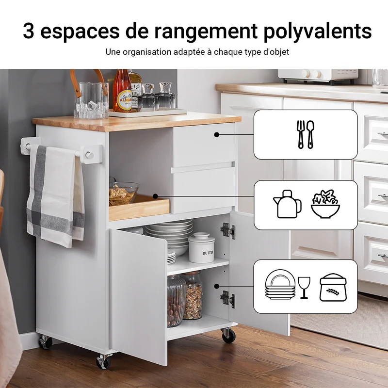 SoBuy FKW123-WN Petit Ìlot de Cuisine à Roulettes – Plan en Bois d'Hévéa, Plateau Extractible, 2 Tiroirs, 72×40×84 cm, Blanc