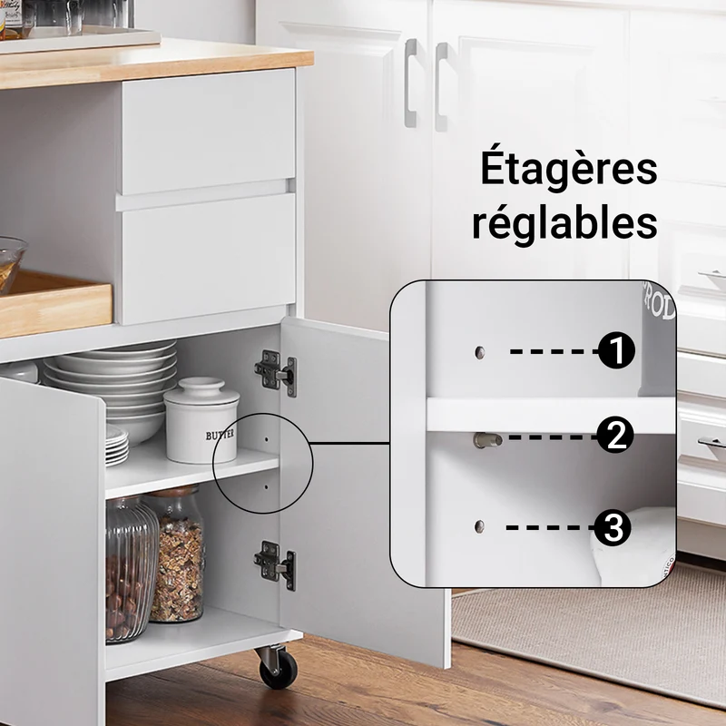 SoBuy FKW123-WN Petit Ìlot de Cuisine à Roulettes – Plan en Bois d'Hévéa, Plateau Extractible, 2 Tiroirs, 72×40×84 cm, Blanc