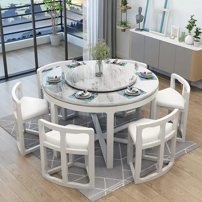 Table de salle à manger ronde gigogne en bois massif avec 6 chaises