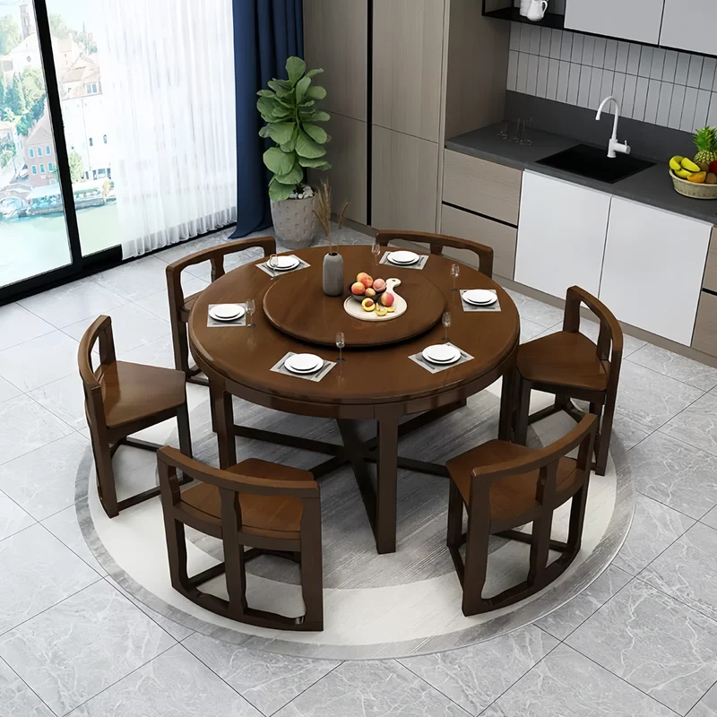 Table de salle à manger ronde gigogne en bois massif avec 6 chaises