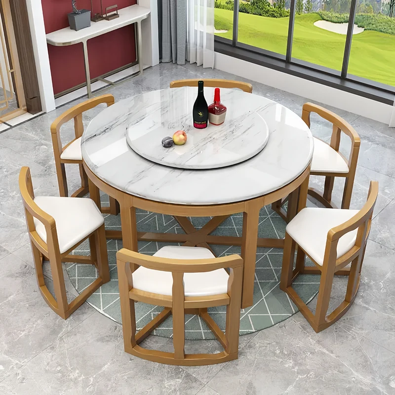 Table de salle à manger ronde gigogne en bois massif avec 6 chaises