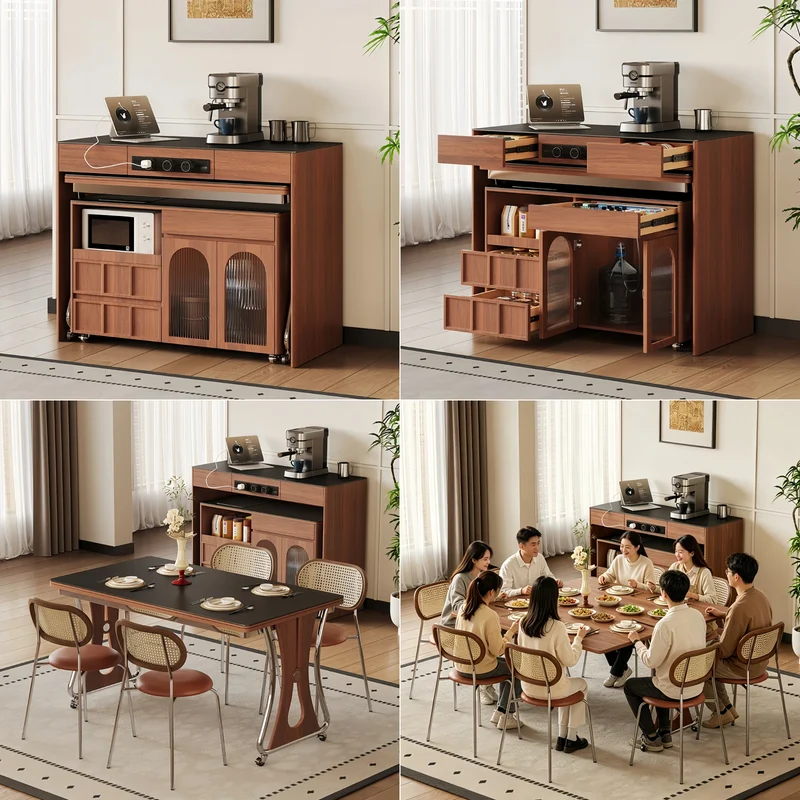Îlot de cuisine avec comptoir en pierre frittée, table à manger extensible, pliable et mobile et grand meuble de rangement