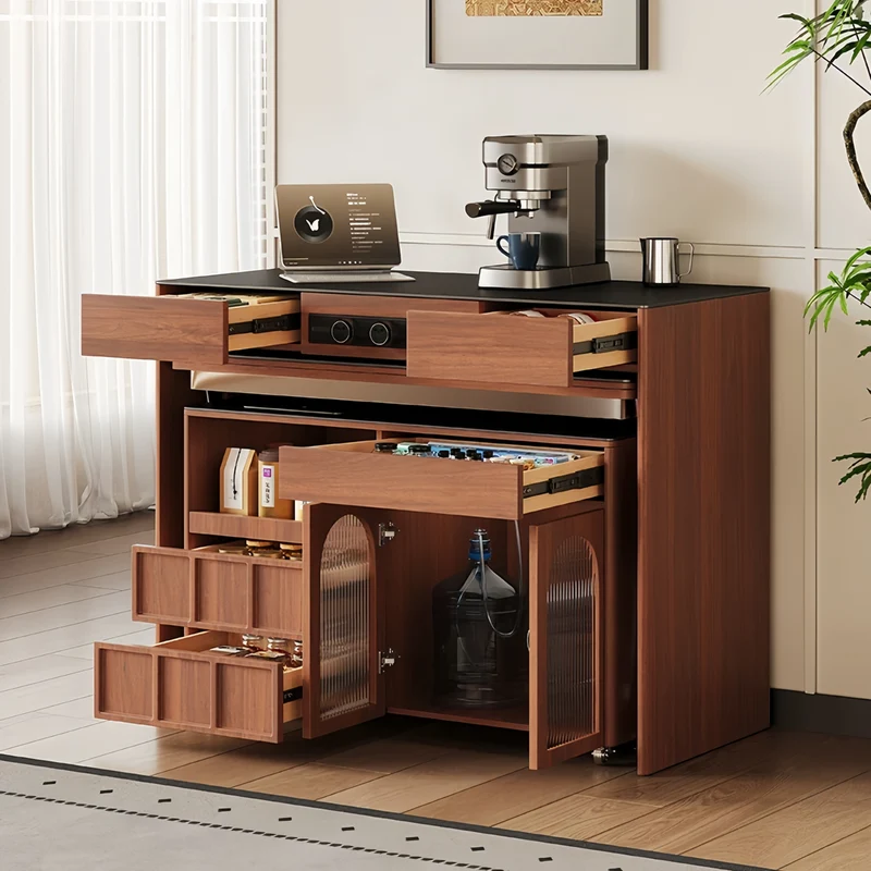 Îlot de cuisine avec comptoir en pierre frittée, table à manger extensible, pliable et mobile et grand meuble de rangement