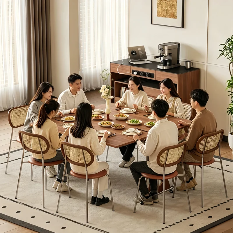 Îlot de cuisine avec comptoir en pierre frittée, table à manger extensible, pliable et mobile et grand meuble de rangement