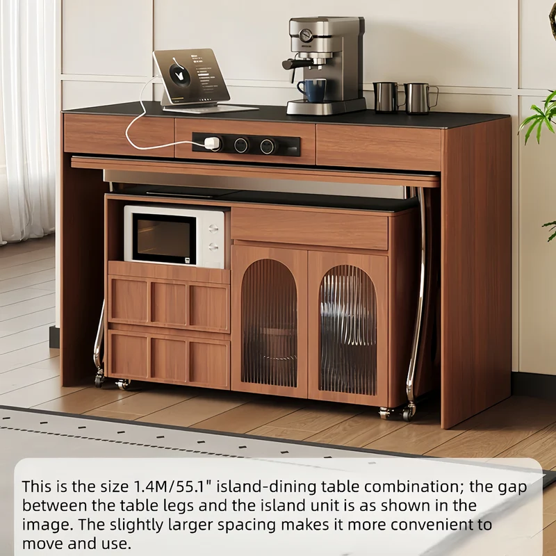 Îlot de cuisine avec comptoir en pierre frittée, table à manger extensible, pliable et mobile et grand meuble de rangement