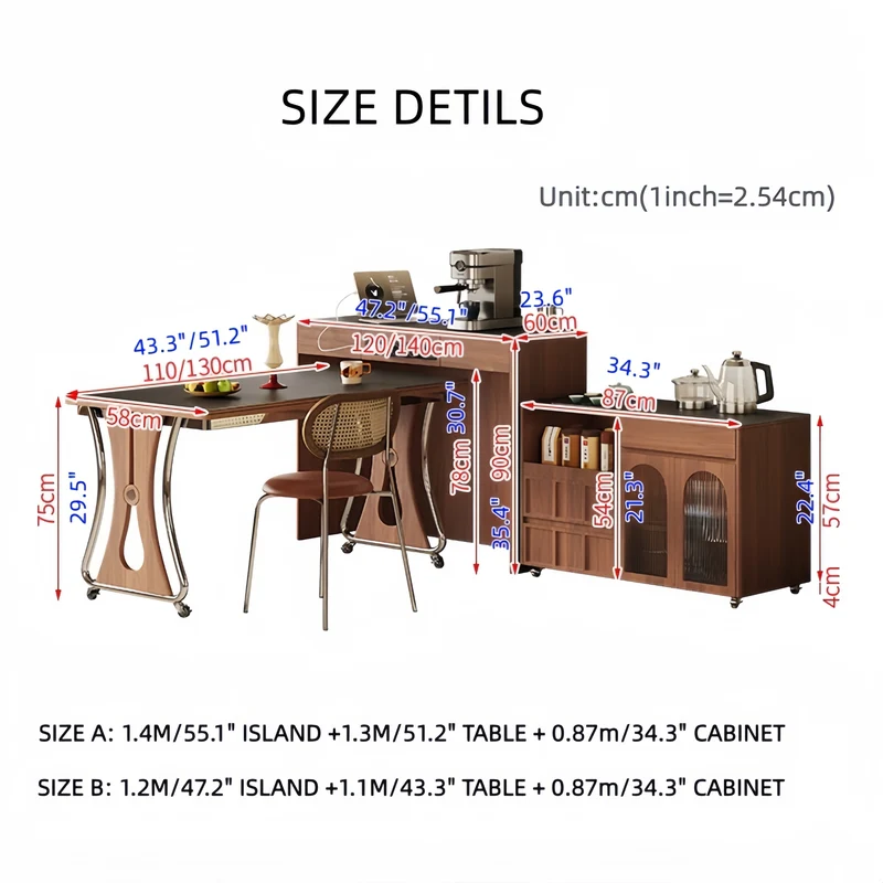 Îlot de cuisine avec comptoir en pierre frittée, table à manger extensible, pliable et mobile et grand meuble de rangement