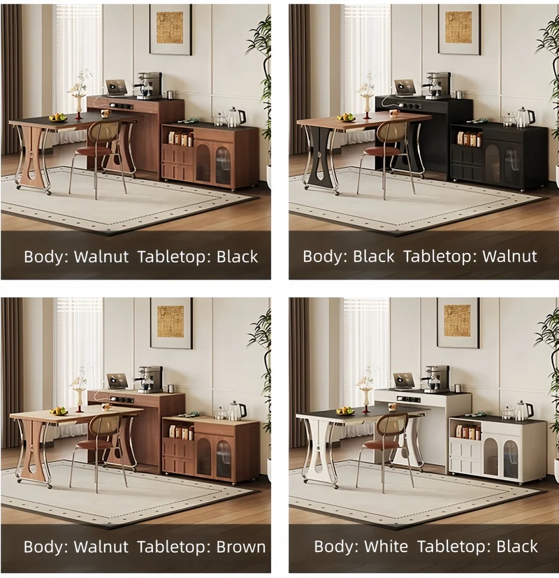 Îlot de cuisine avec comptoir en pierre frittée, table à manger extensible, pliable et mobile et grand meuble de rangement