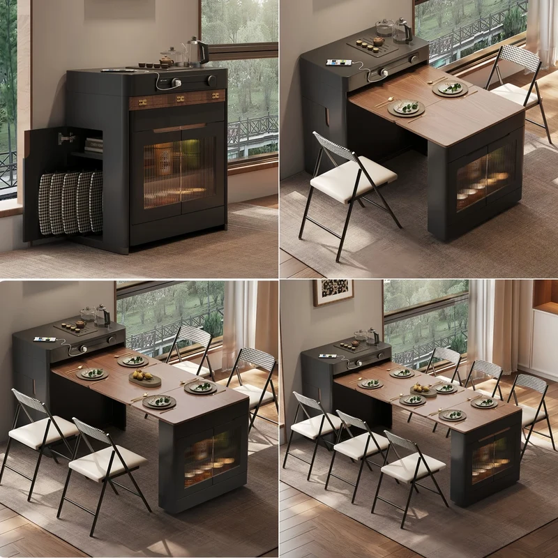 Îlot de cuisine extensible noir avec chaises pliantes