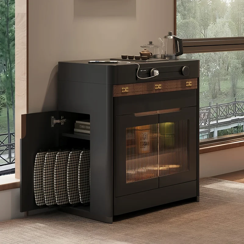Îlot de cuisine extensible noir avec chaises pliantes