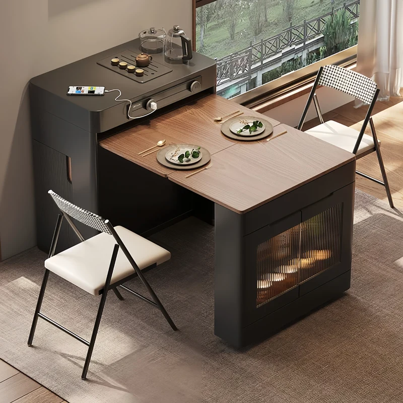 Îlot de cuisine extensible noir avec chaises pliantes