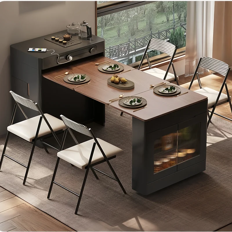 Îlot de cuisine extensible noir avec chaises pliantes
