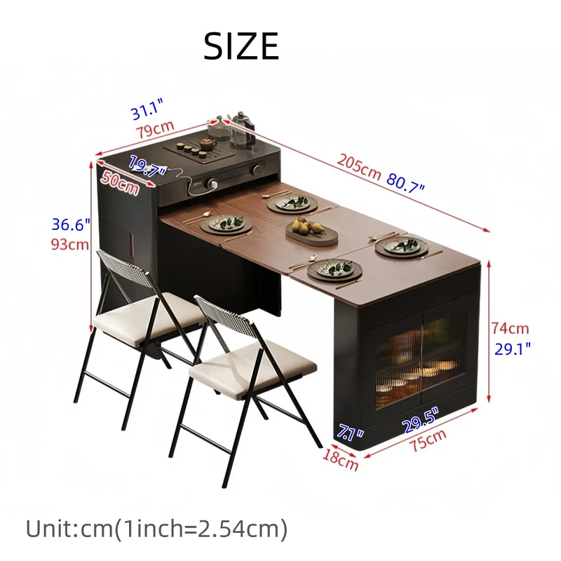 Îlot de cuisine extensible noir avec chaises pliantes