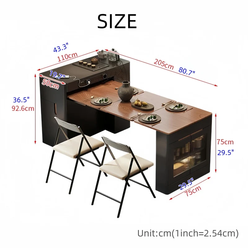 Îlot de cuisine extensible noir avec chaises pliantes