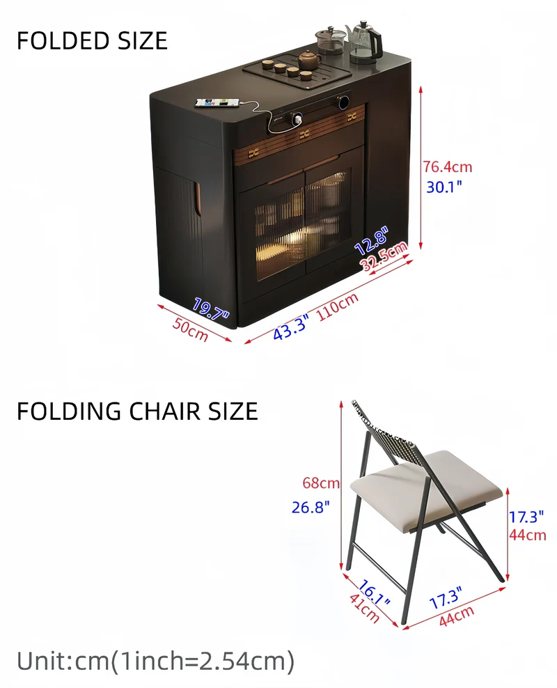 Îlot de cuisine extensible noir avec chaises pliantes