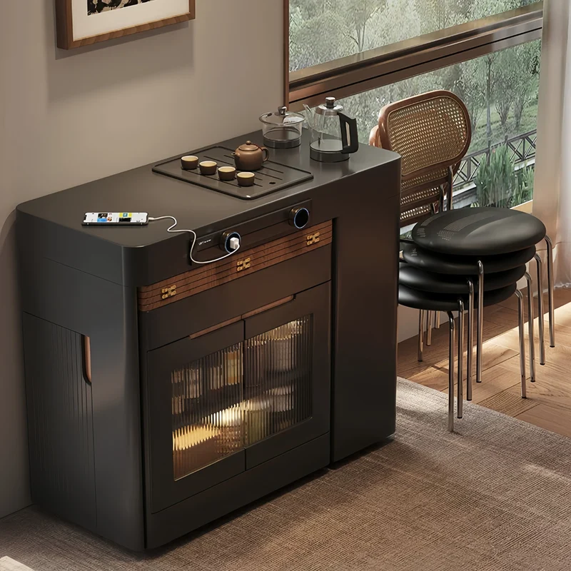Îlot de cuisine extensible noir avec chaises pliantes