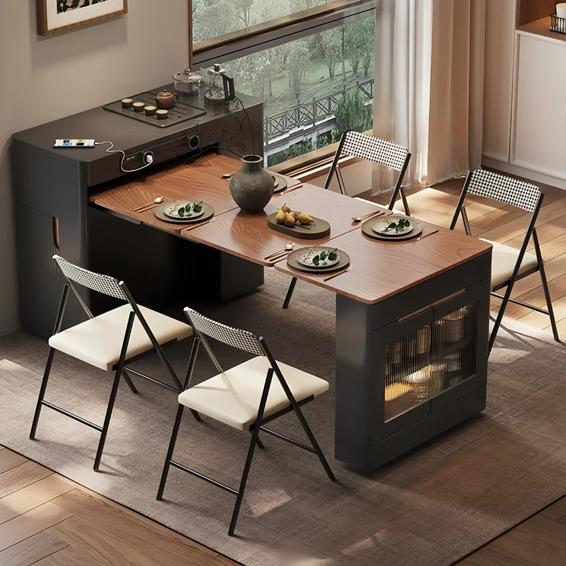 Îlot de cuisine extensible noir avec chaises pliantes