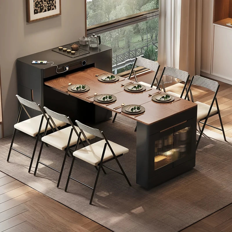 Îlot de cuisine extensible noir avec chaises pliantes