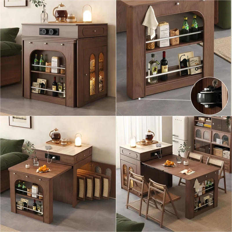 Îlot de cuisine extensible en bois massif avec 4 chaises pliantes