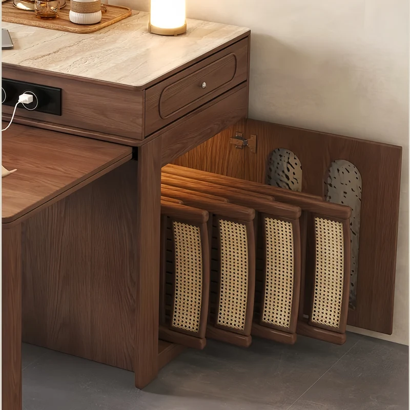 Îlot de cuisine extensible en bois massif avec 4 chaises pliantes