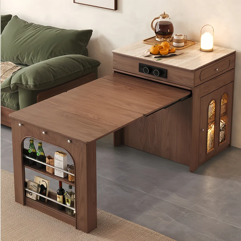 Îlot de cuisine extensible en bois massif avec 4 chaises pliantes