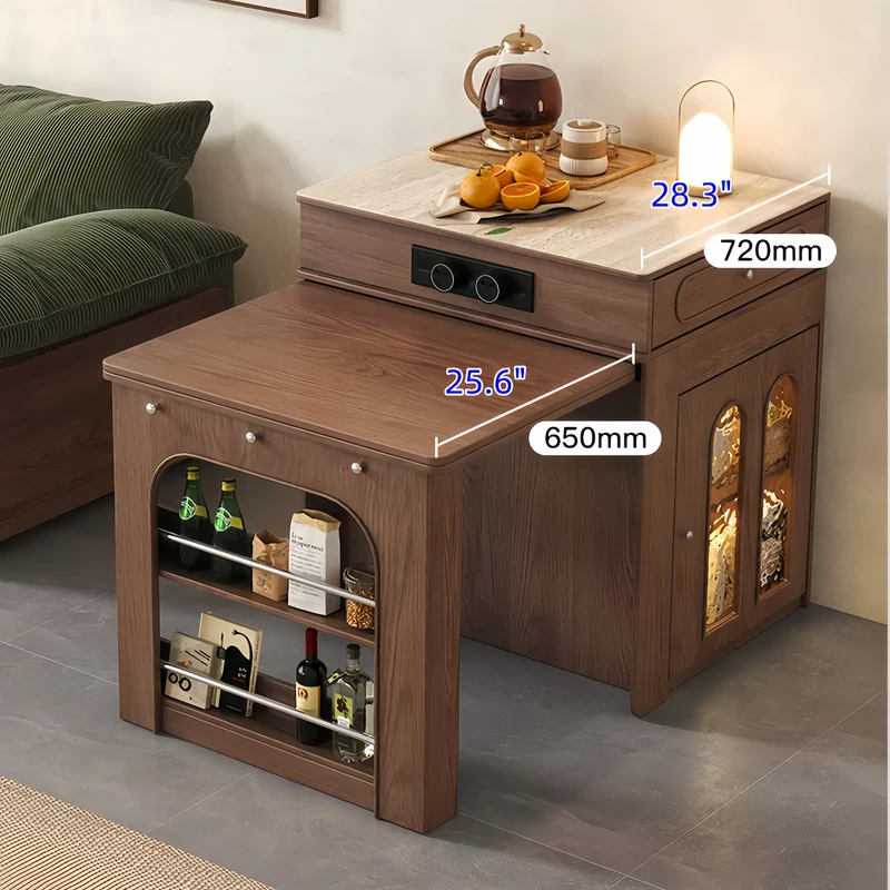 Îlot de cuisine extensible en bois massif avec 4 chaises pliantes