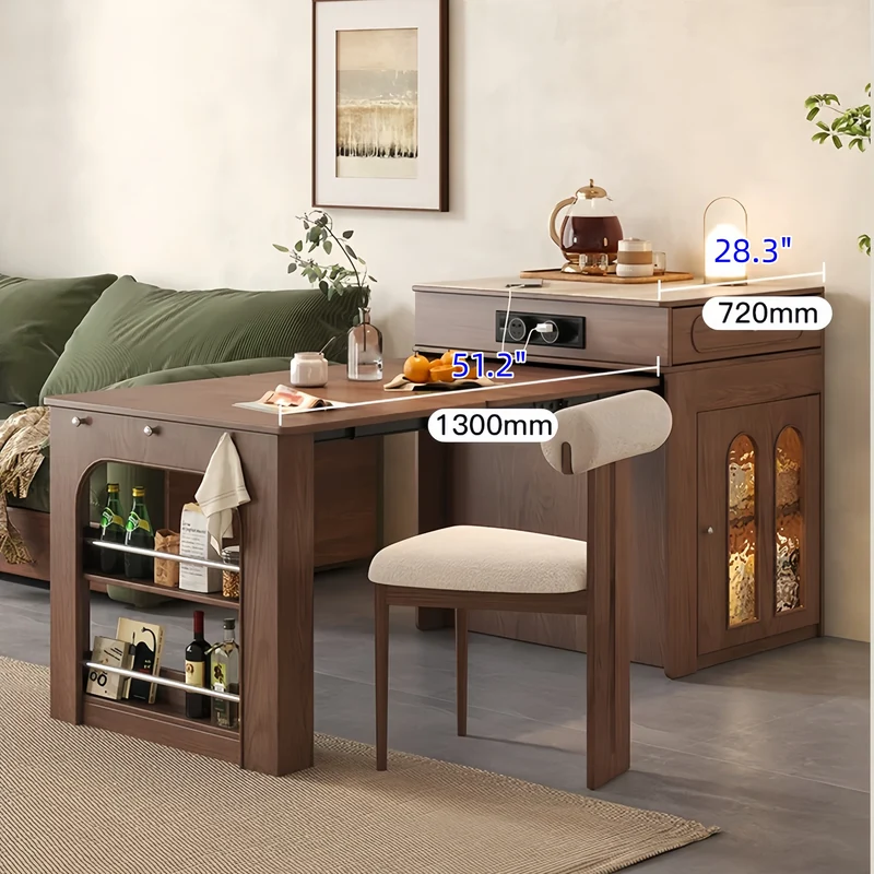 Îlot de cuisine extensible en bois massif avec 4 chaises pliantes