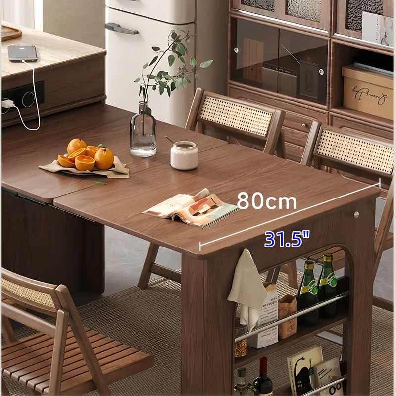 Îlot de cuisine extensible en bois massif avec 4 chaises pliantes