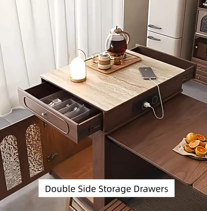 Îlot de cuisine extensible en bois massif avec 4 chaises pliantes
