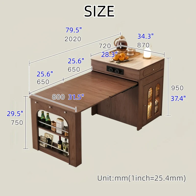 Îlot de cuisine extensible en bois massif avec 4 chaises pliantes