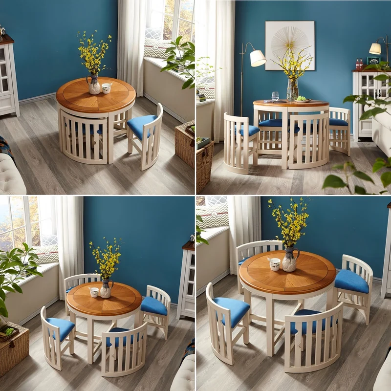 Ensemble table et 4 chaises gigognes rondes en bois massif, peu encombrantes