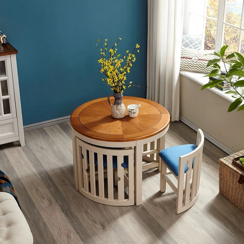 Ensemble table et 4 chaises gigognes rondes en bois massif, peu encombrantes