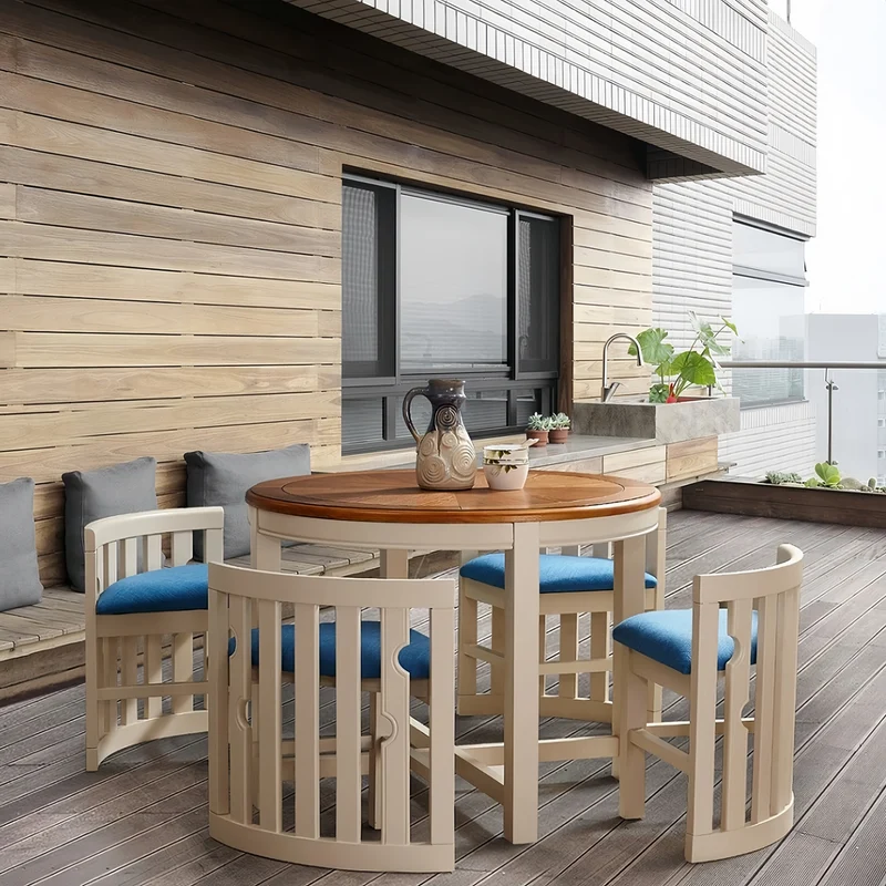 Ensemble table et 4 chaises gigognes rondes en bois massif, peu encombrantes