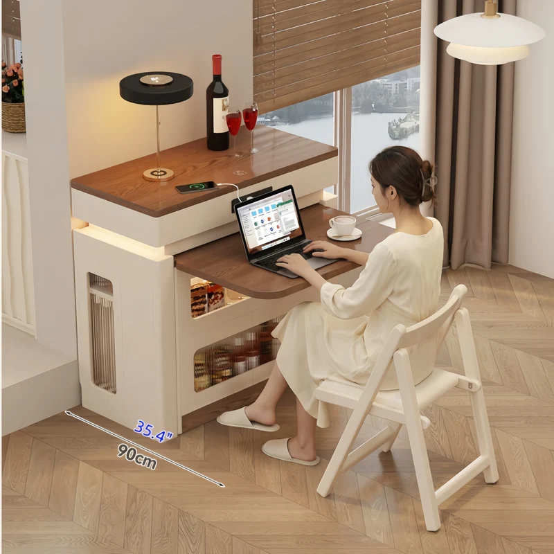 Îlot de cuisine extensible en bois massif avec ensemble de 4 chaises
