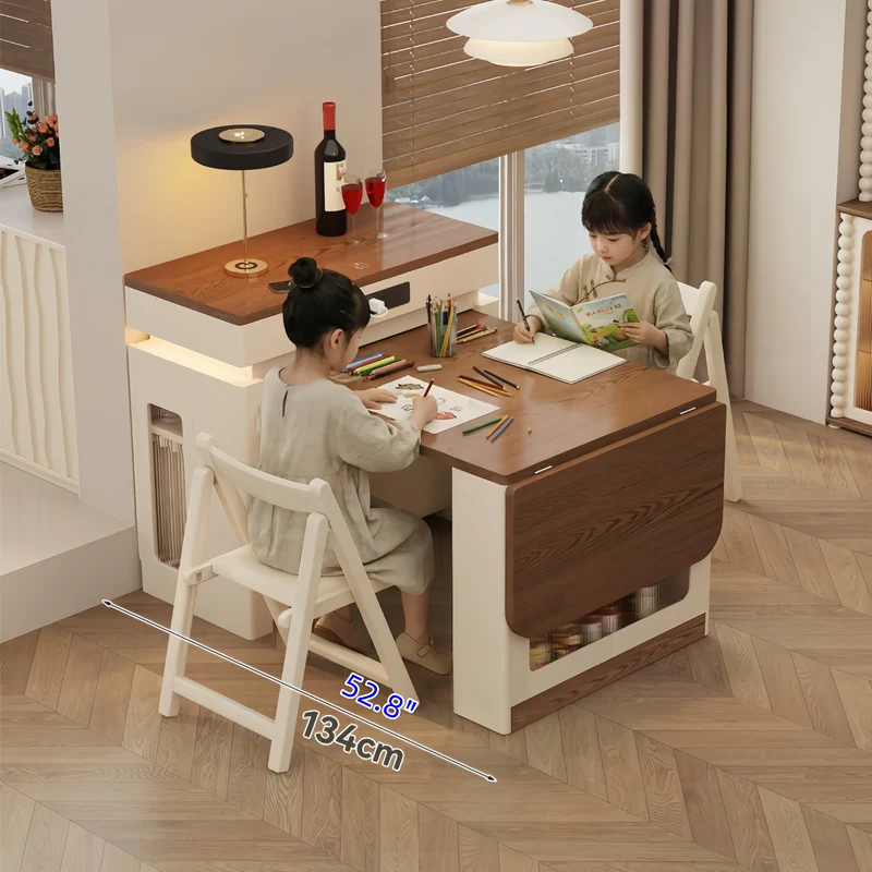 Îlot de cuisine extensible en bois massif avec ensemble de 4 chaises