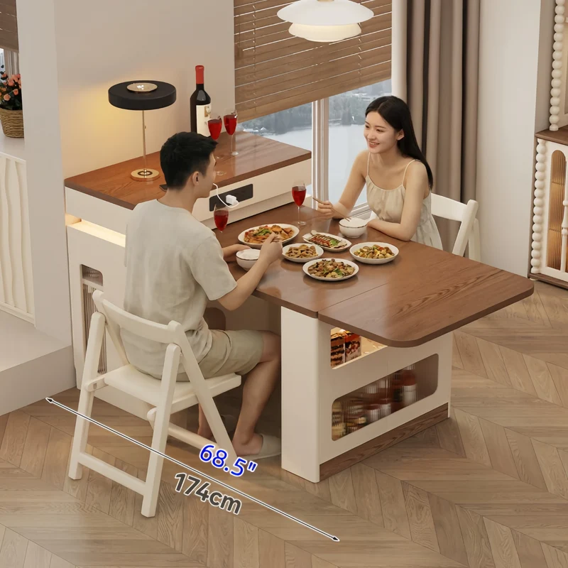 Îlot de cuisine extensible en bois massif avec ensemble de 4 chaises