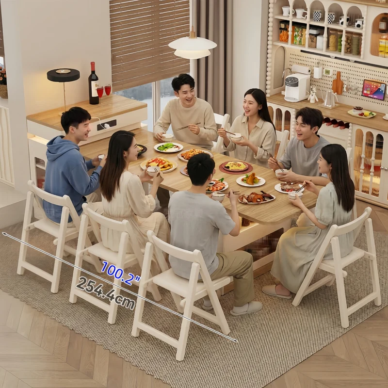 Îlot de cuisine extensible en bois massif avec ensemble de 4 chaises