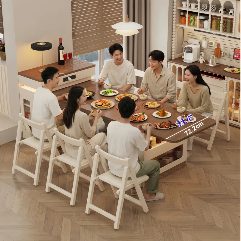Îlot de cuisine extensible en bois massif avec ensemble de 4 chaises
