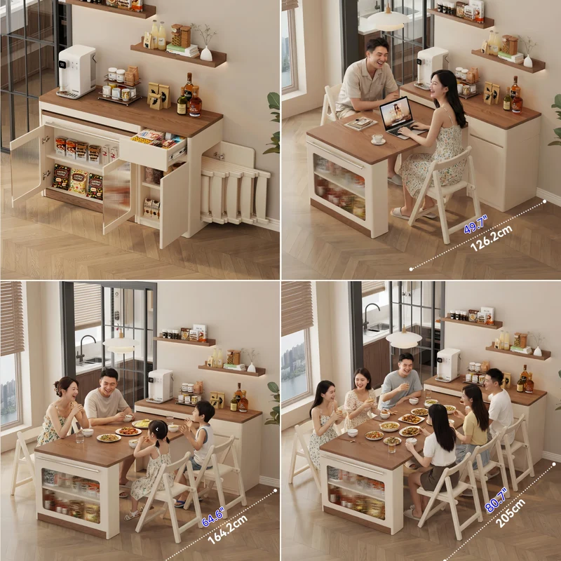 Îlot de cuisine extensible avec rangement et chaises
