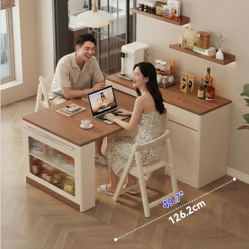 Îlot de cuisine extensible avec rangement et chaises