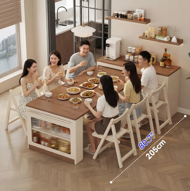 Îlot de cuisine extensible avec rangement et chaises