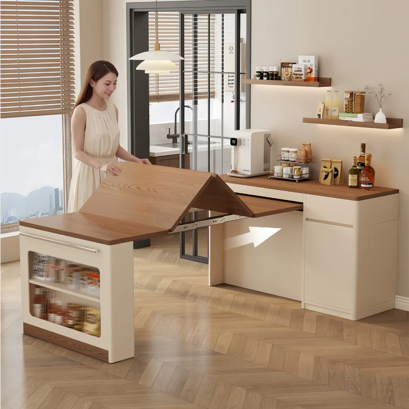Îlot de cuisine extensible avec rangement et chaises