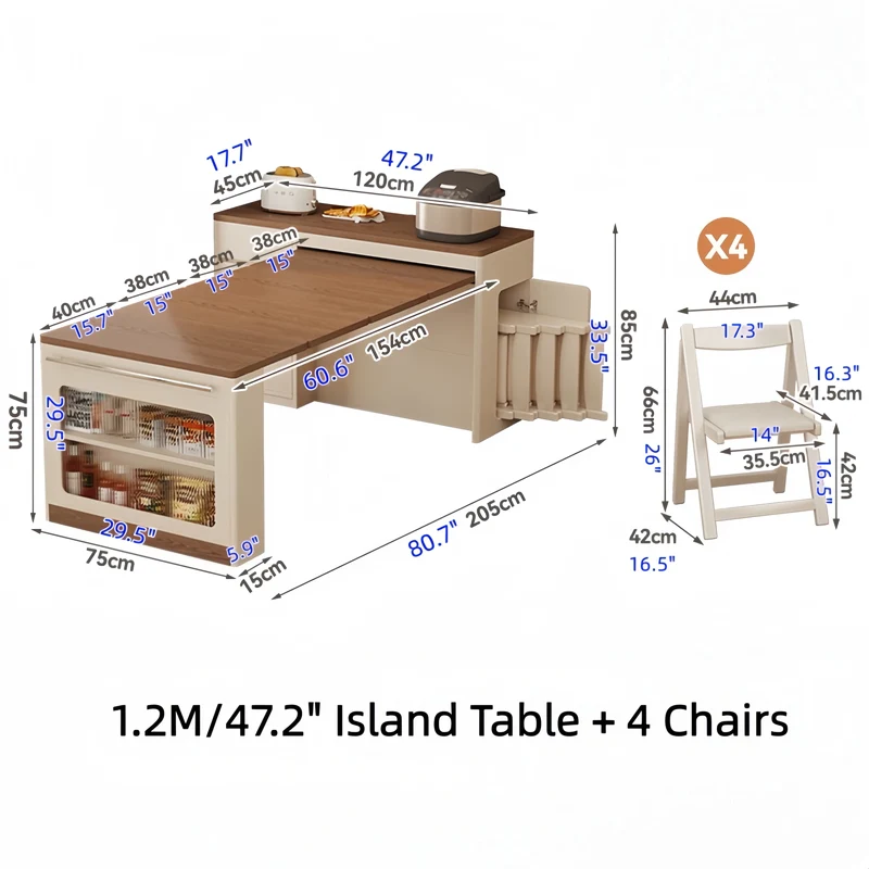 Îlot de cuisine extensible avec rangement et chaises