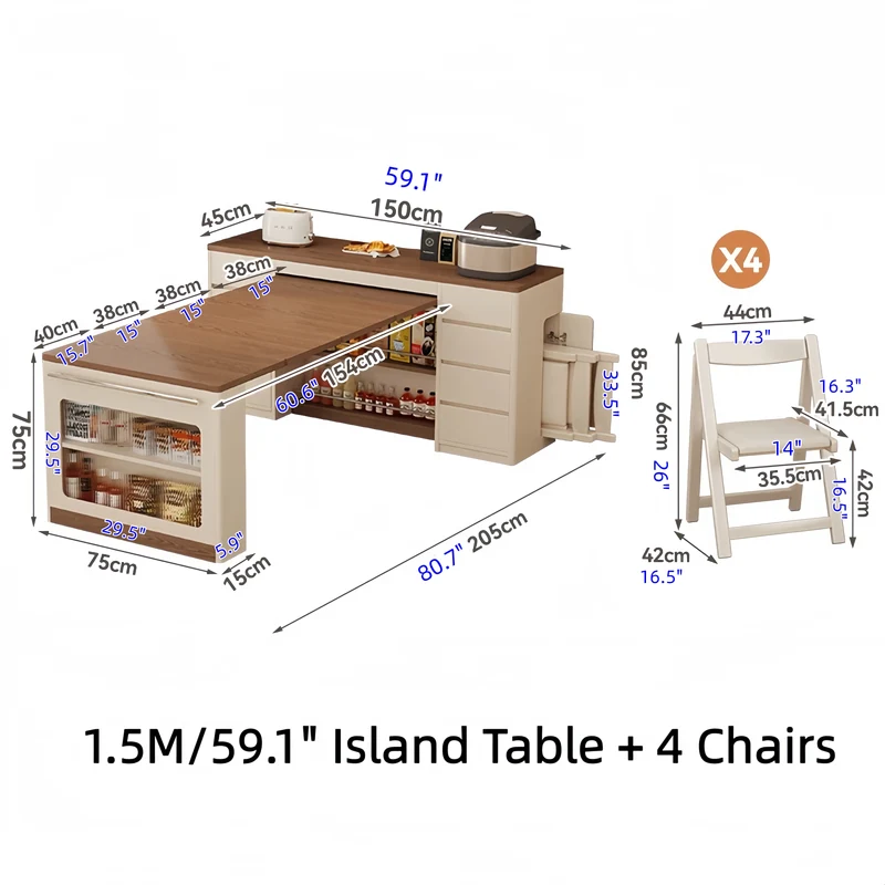 Îlot de cuisine extensible avec rangement et chaises