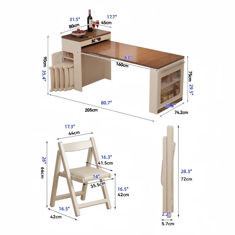 Îlot de cuisine extensible avec rangement et chaises
