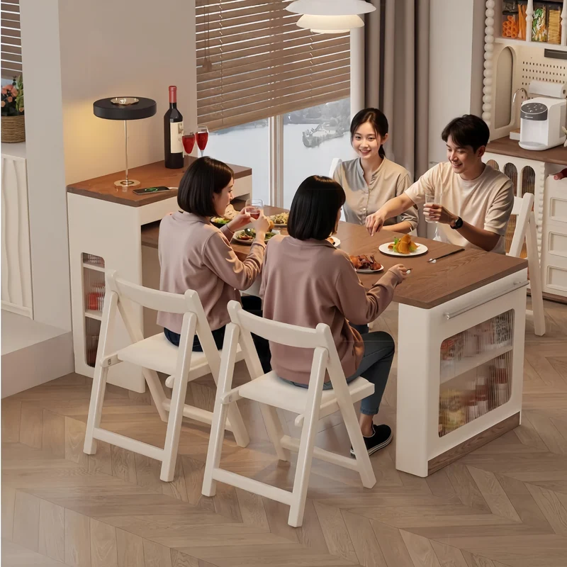 Îlot de cuisine extensible avec rangement et chaises