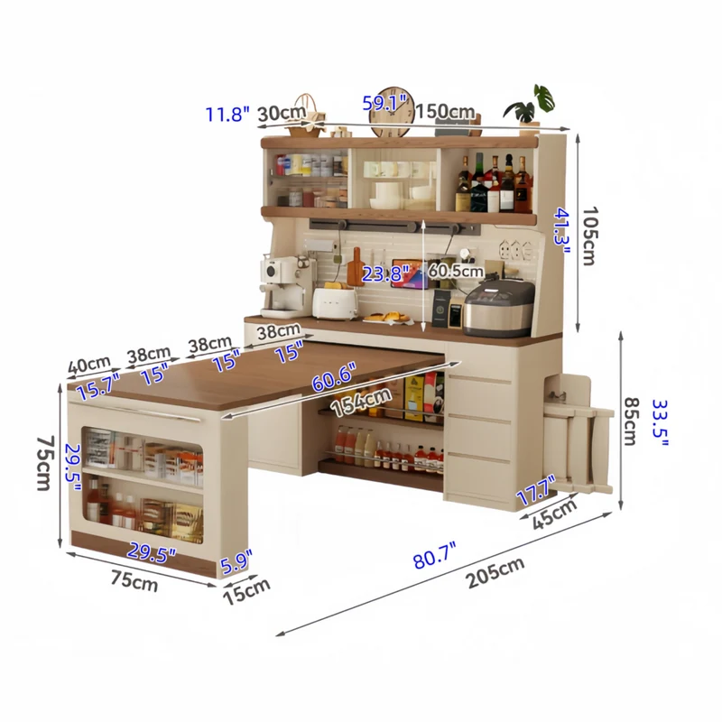 Buffet en bois massif avec table à manger extensible