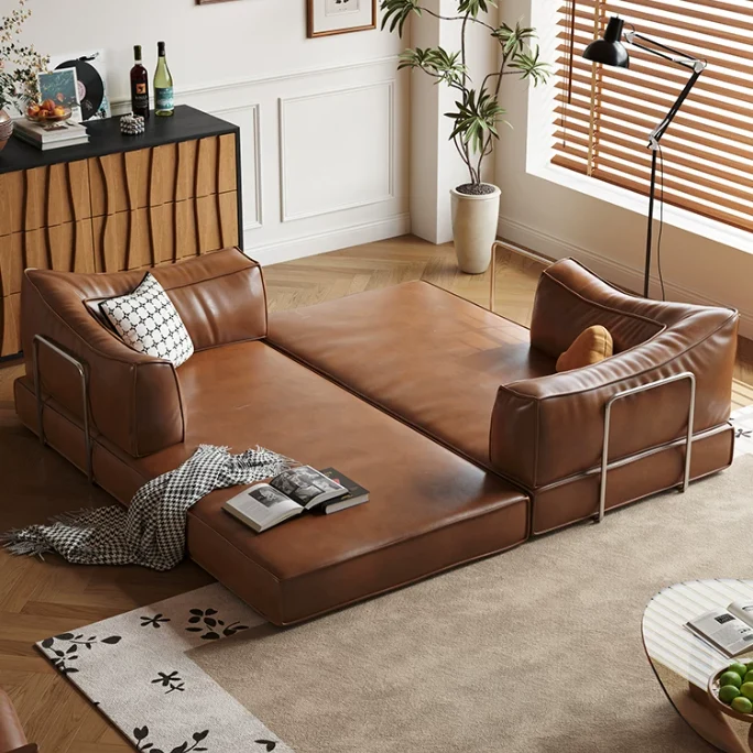 Canapé-lit modulaire sans ossature en cuir ciré à l'huile